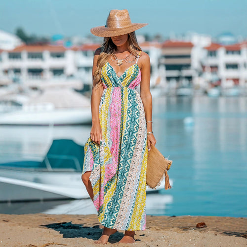 W&W Mode | Bohemian Maxikleid mit V-Ausschnitt und Druck für Damen