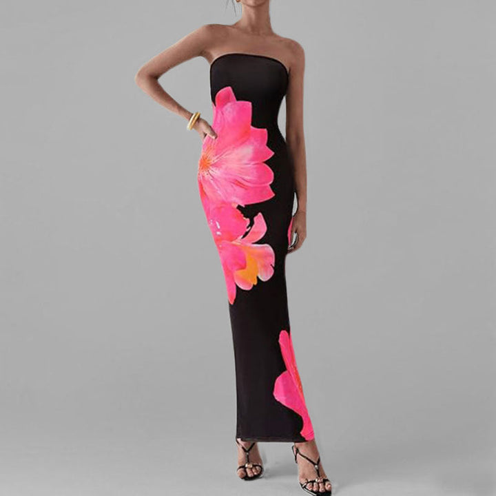 Anmutiges Blumenmuster Schulterfreies Figurbetontes Kleid W&W Mode