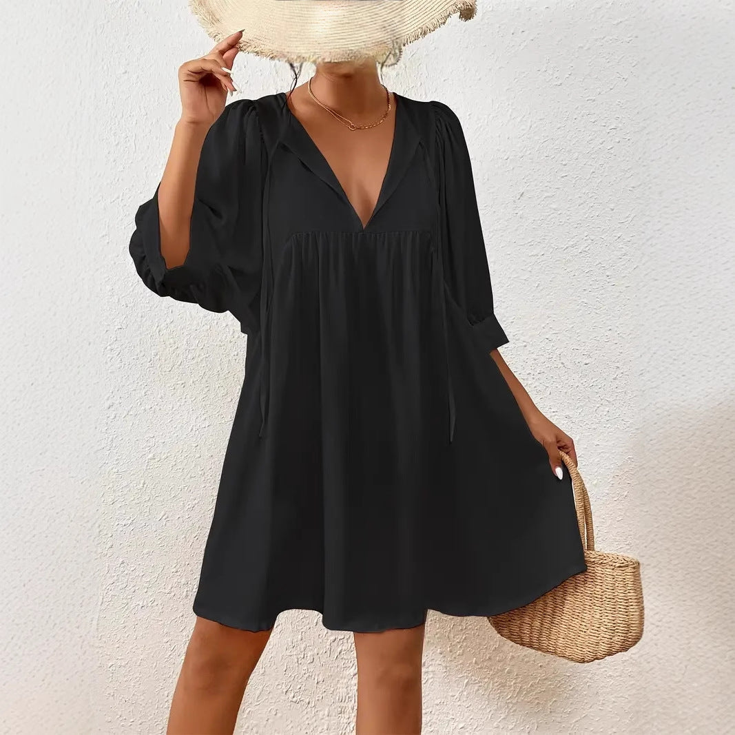 Damen lässiges Kleid mit modernen Puffärmeln W&W Mode