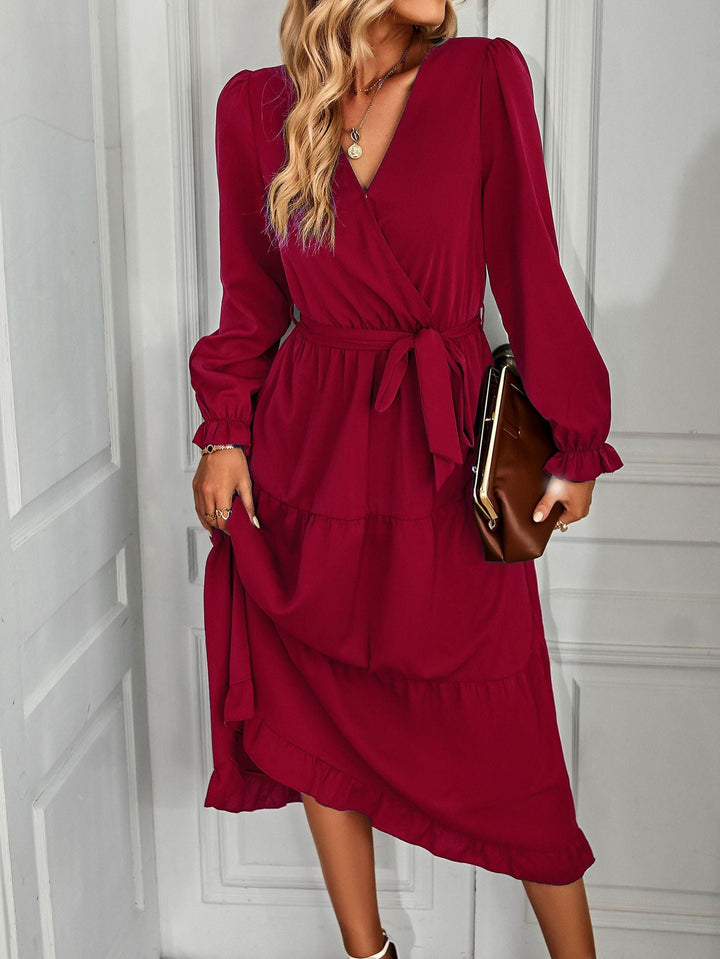 Damen Wickelkleid mit Rüschen und Taillengürtel W&W Mode