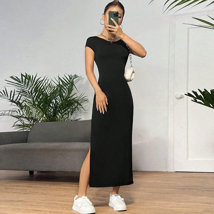 Damen figurbetontes Maxikleid mit kurzem Arm und elegantem Schnitt W&W Mode