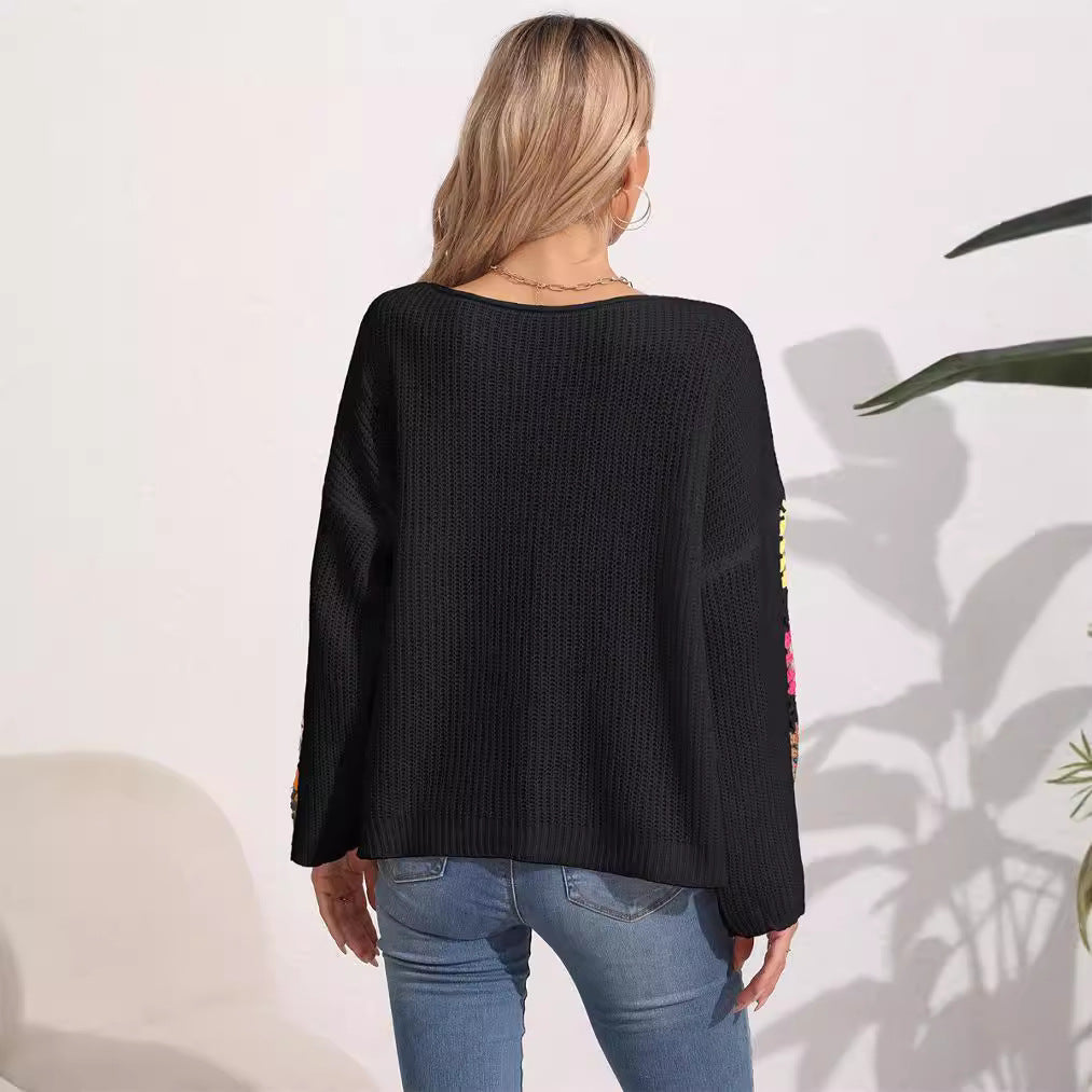 Damen eleganter Pullover mit bunten Häkelapplikationen an den Ärmeln W&W Mode