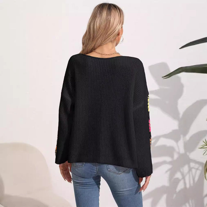 Damen eleganter Pullover mit bunten Häkelapplikationen an den Ärmeln W&W Mode