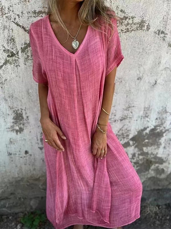 W&W Mode | Baumwolle Leinen V-Ausschnitt Kleid