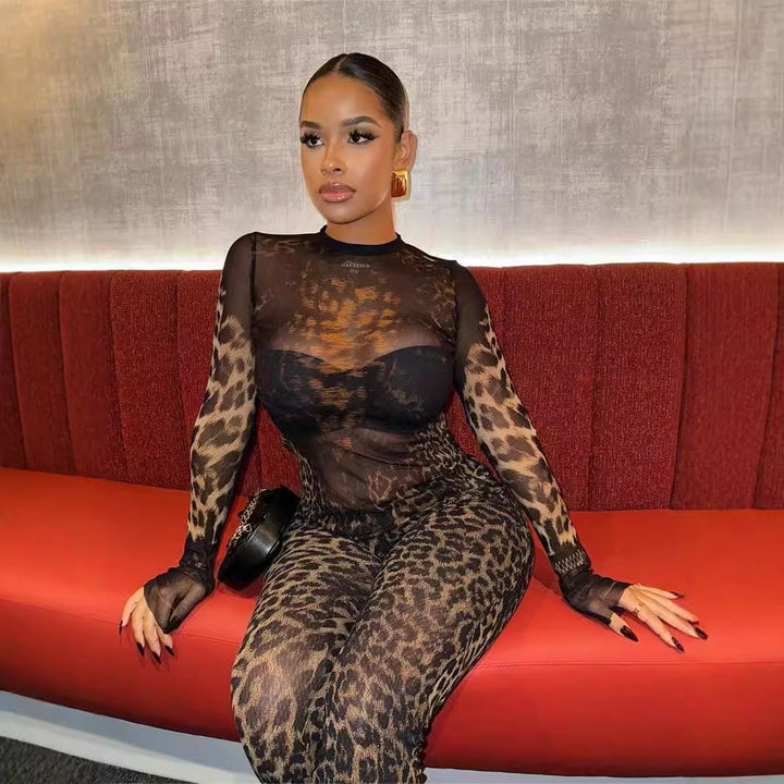 W&W Mode | Leopard-Print Langarm-Top und Hosen-Set
