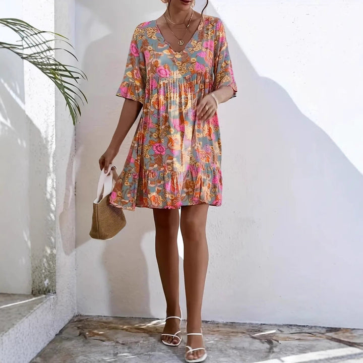 Damen Freizeitkleid mit V-Ausschnitt und fließendem Schnitt W&W Mode