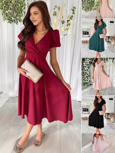 Damen elegantes Wickelkleid mit bezaubernden Puffärmeln W&W Mode