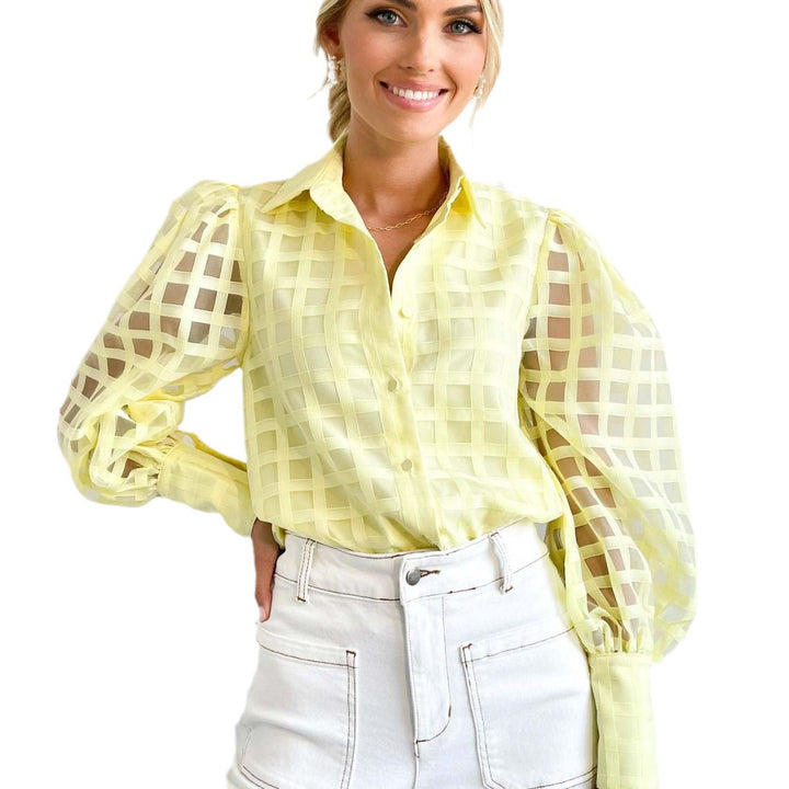 Damen Kariertes Hemd mit transparenten Puffärmeln W&W Mode