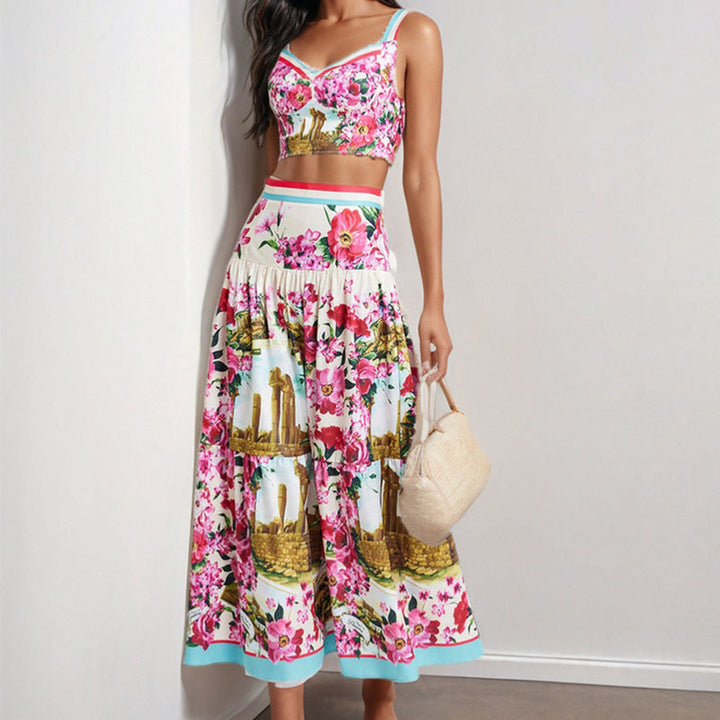 Damen Zweiteiliges Sommeroutfit mit floralem Bustier und schwingendem Rock W&W Mode