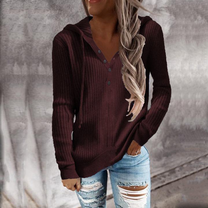 Damen Hoodie mit strukturiertem Rippmuster und knöpfbarem Ausschnitt W&W Mode