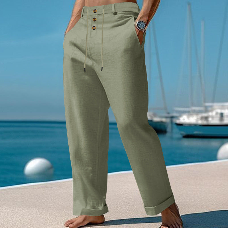 Herren nan weite Sommerhose aus Leinen-Baumwollmix mit dreifach-Knopfleiste, Tunnelzugbund und Umschlagsaum W&W Mode