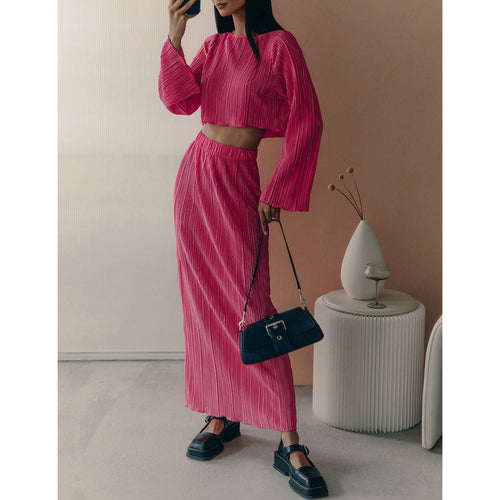 Damen Plissiertes Zweiteiler-Set mit langem Rock und cropped Oberteil W&W Mode