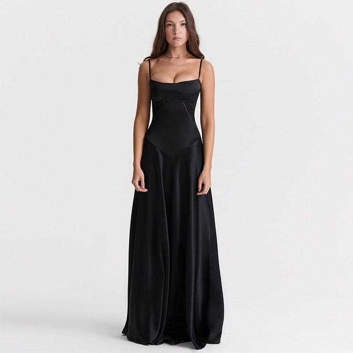 W&W Mode | Abendkleid Satin Glanz Spaghetti Träger Rückenfrei Schmaler Schnitt Elegantes Kleid