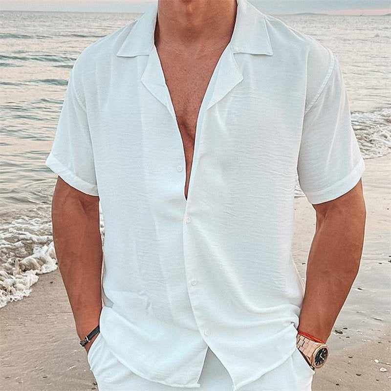 Herren nan luftiges Strandhemd aus Leinenmix mit Reverskragen und offener Knopfleiste W&W Mode