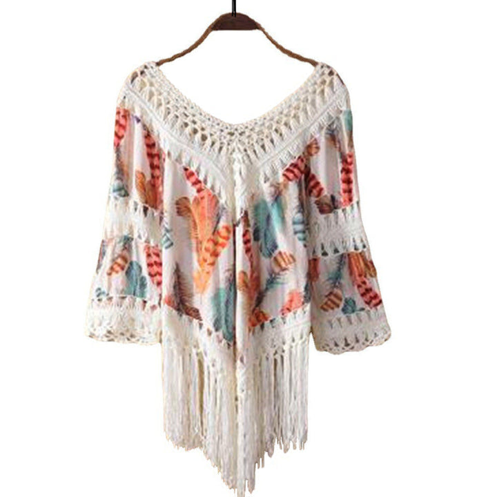 Damen lässiger Strandponcho mit fransigen Details und trendigem Muster W&W Mode