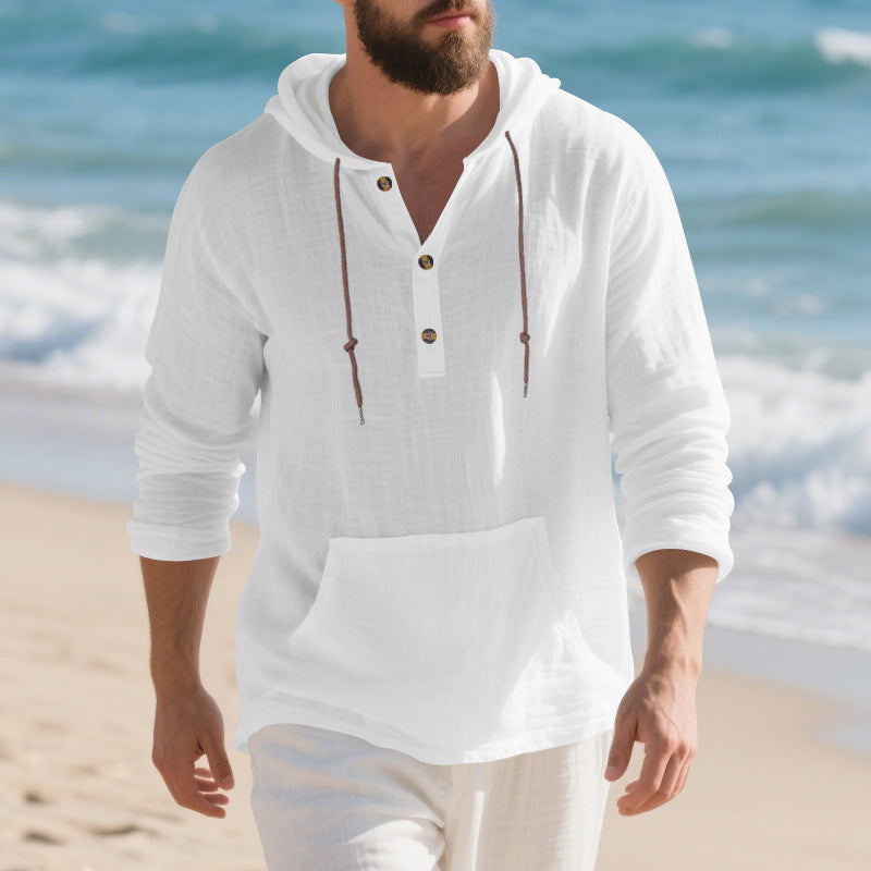 Herren nan leichtes Kapuzen-Henley aus Leinen-Baumwollmix mit Kängurutasche und Knopfleiste W&W Mode