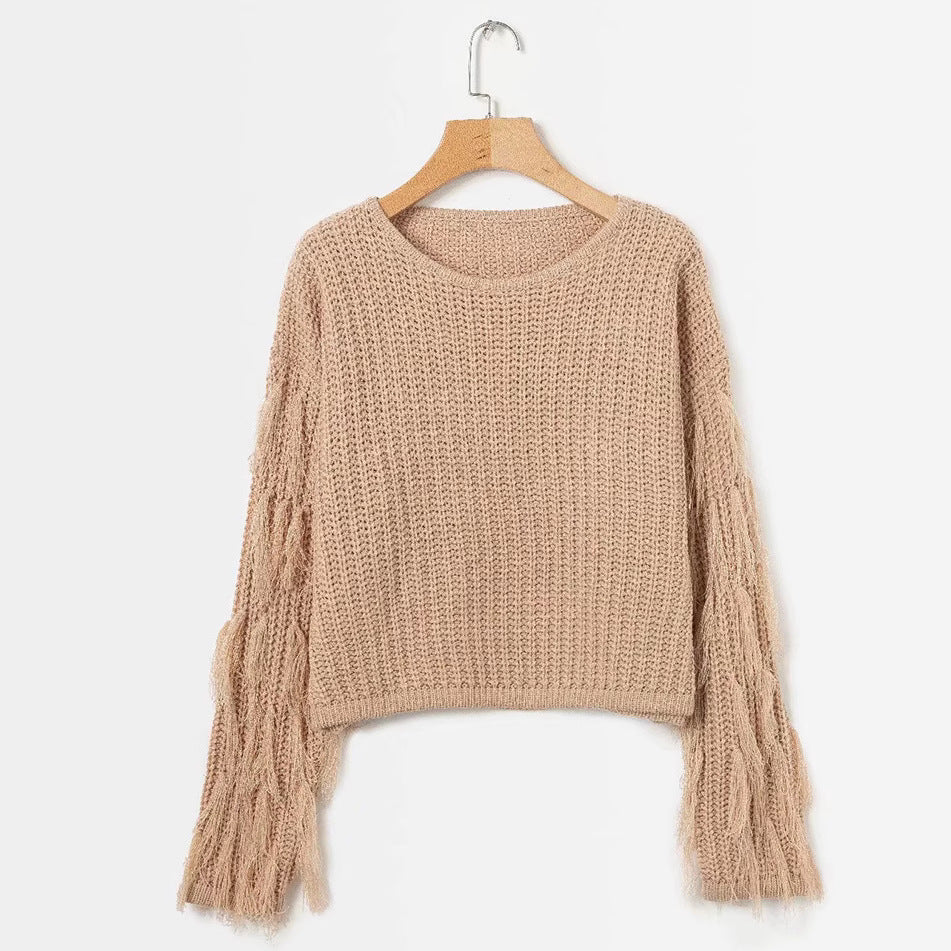 Damen Grobstrickpullover mit fransigen Ärmeln W&W Mode