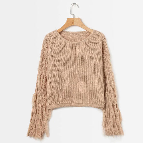 Damen Grobstrickpullover mit fransigen Ärmeln W&W Mode