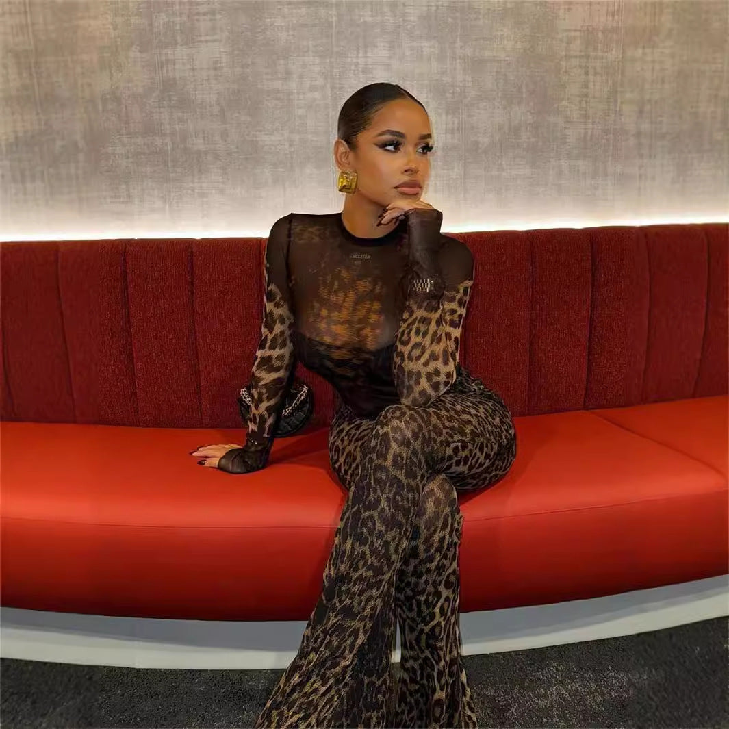 W&W Mode | Leopard-Print Langarm-Top und Hosen-Set