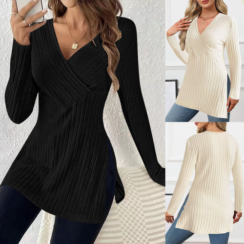 Damen elegantes Langarmshirt mit Wickeldesign und strukturierter Rippoptik W&W Mode