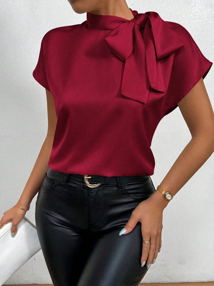 W&W Mode | Satinbluse Kurzarm Hoher Kragen Mit Schleife Eleganter Entspannter Schnitt