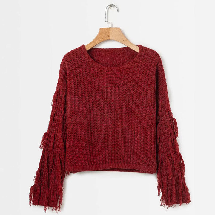 Damen Grobstrickpullover mit fransigen Ärmeln W&W Mode