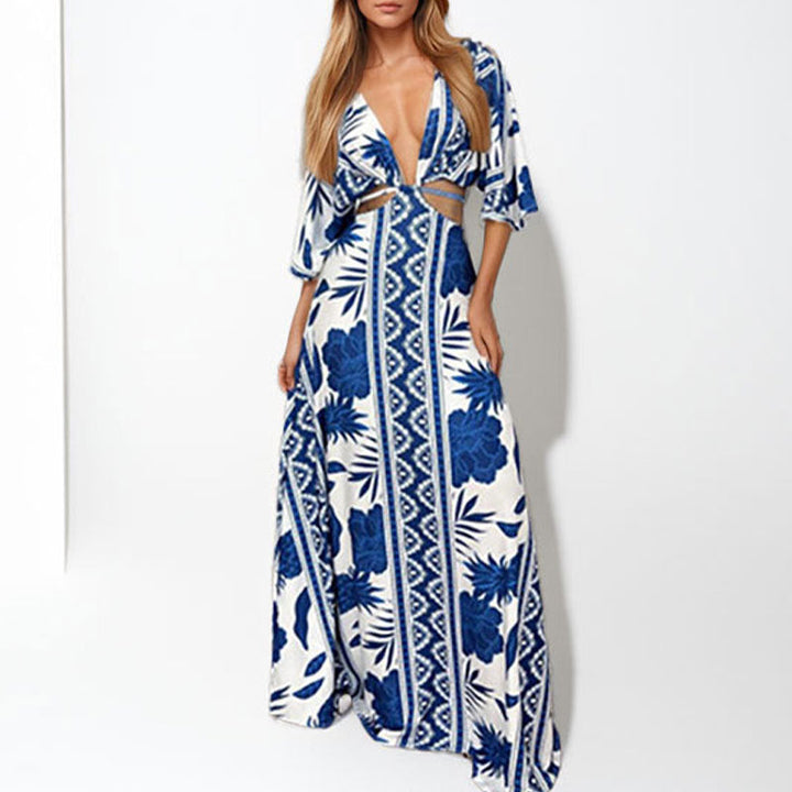 Damen Maxi-Kleid mit tiefem V-Ausschnitt und Wellenmuster W&W Mode