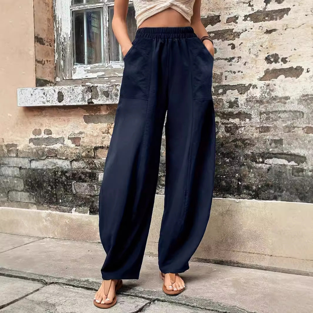 Damen weite Leinenhose mit elastischem Taillenbund und Seitentaschen W&W Mode
