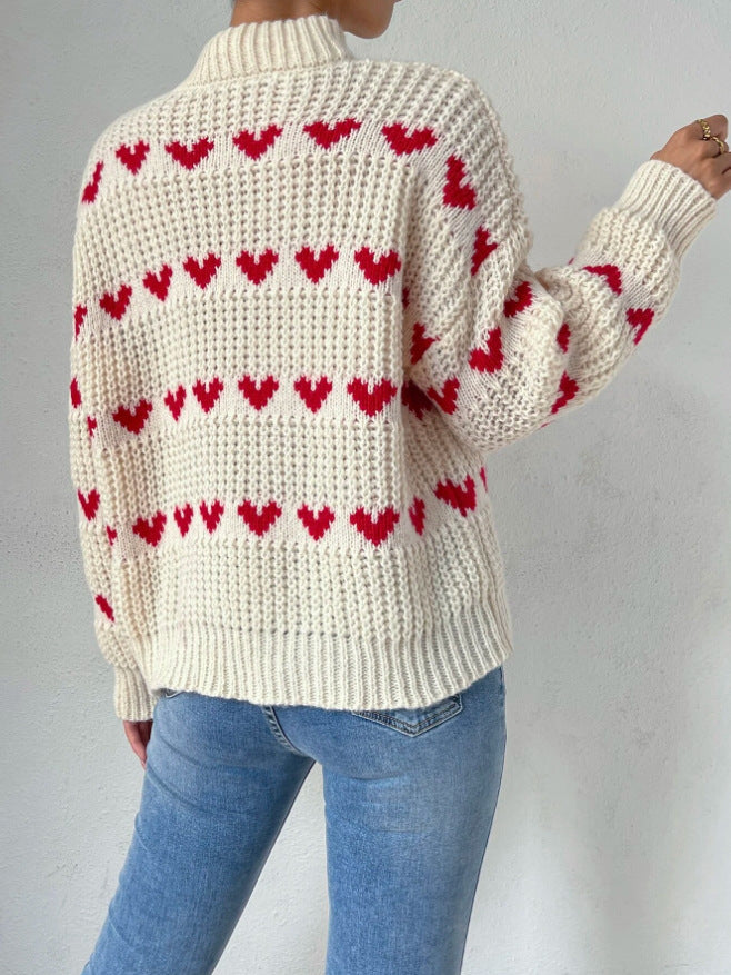 W&W Mode Halb Hochkragen Locker Passform Liebesherz Jacquard Strickpullover