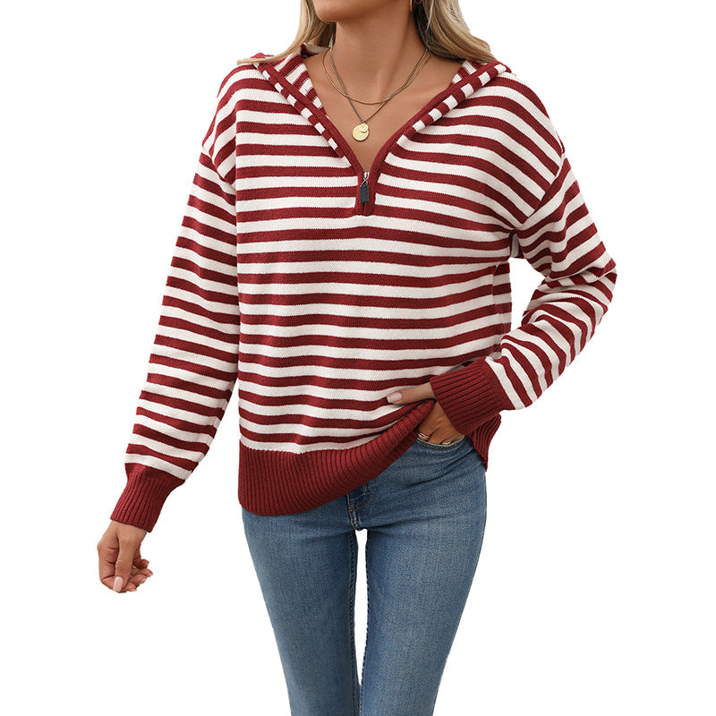 Damen gemütlicher Strickpullover mit modischem Reißverschluss und Streifenmuster W&W Mode
