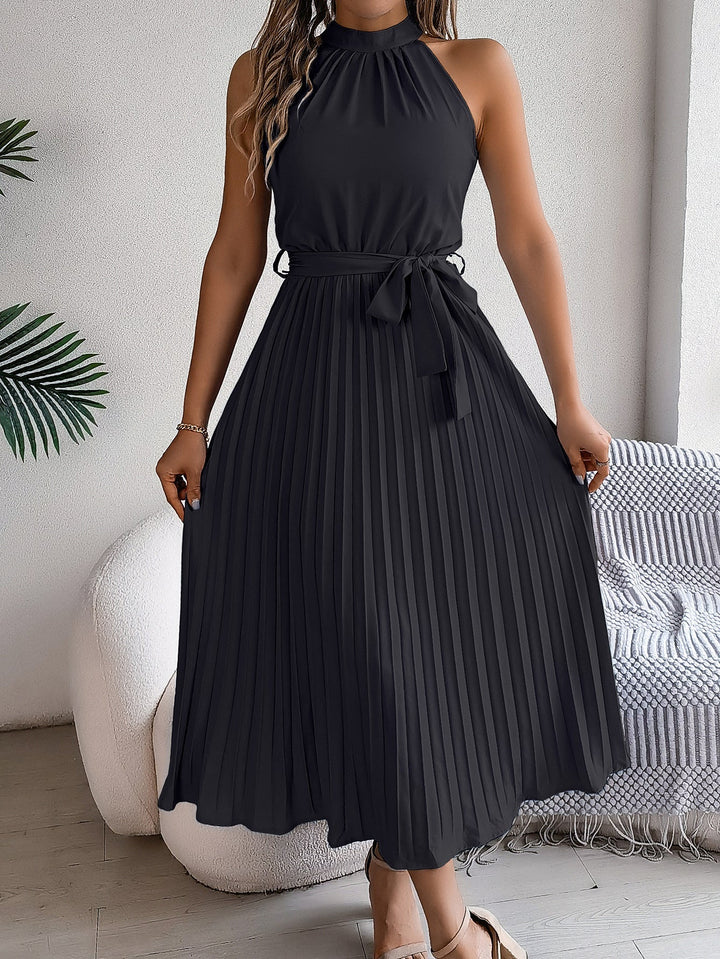 W&W Mode | Frühling Elegante Stehkragen Taille-betonte Falten Maxi Kleid