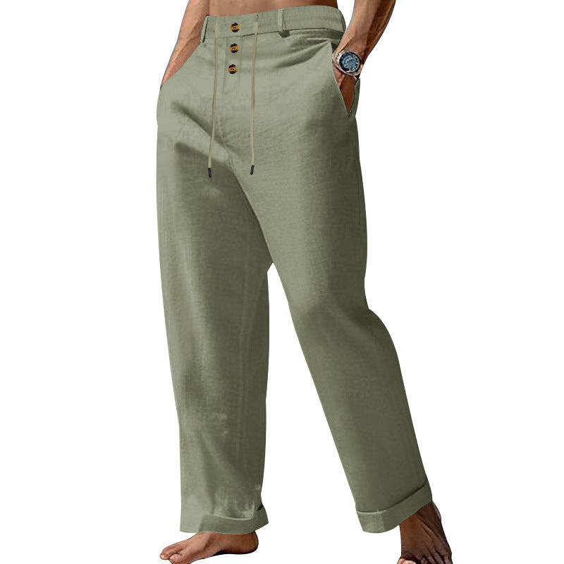Herren nan weite Sommerhose aus Leinen-Baumwollmix mit dreifach-Knopfleiste, Tunnelzugbund und Umschlagsaum W&W Mode