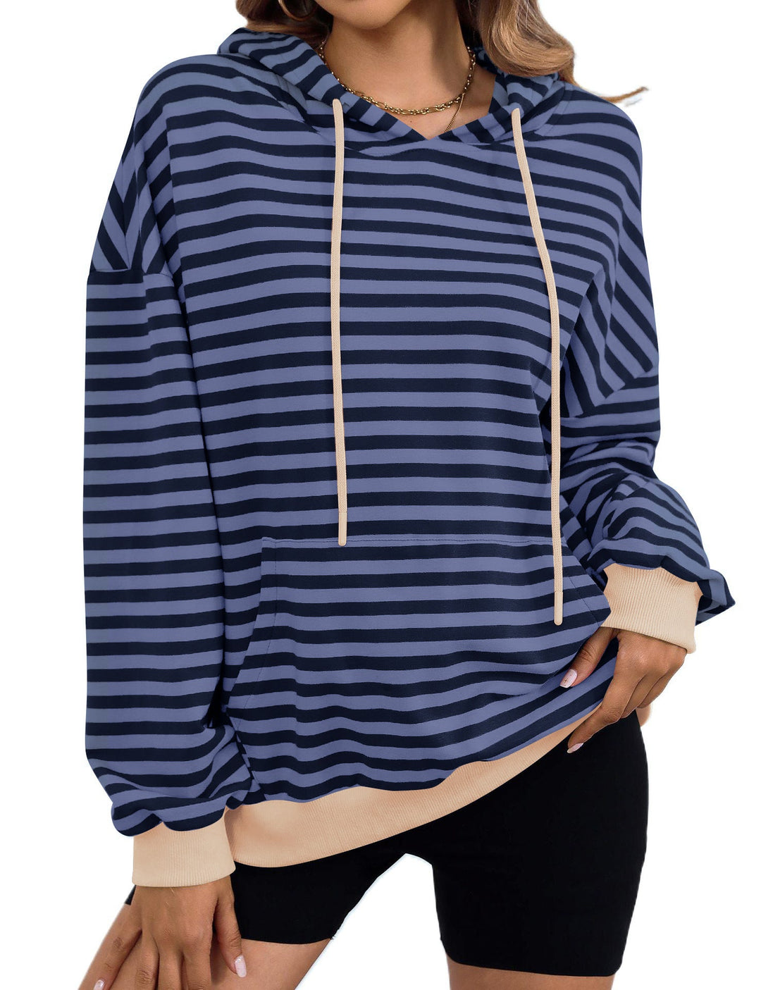 Damen gestreifter Kapuzenpullover mit stylischer Kängurutasche W&W Mode