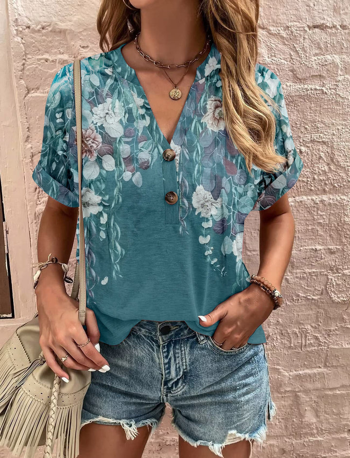 Damen Kurzarm Bluse mit dekorativem Musterdruck und knöpfbarem Ausschnitt W&W Mode