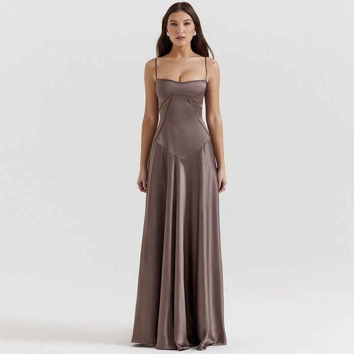 W&W Mode | Abendkleid Satin Glanz Spaghetti Träger Rückenfrei Schmaler Schnitt Elegantes Kleid
