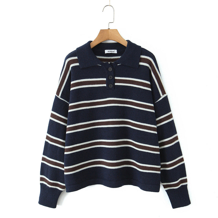 Damen modischer Polo-Pullover mit gestreiftem Design und Knopfleiste W&W Mode