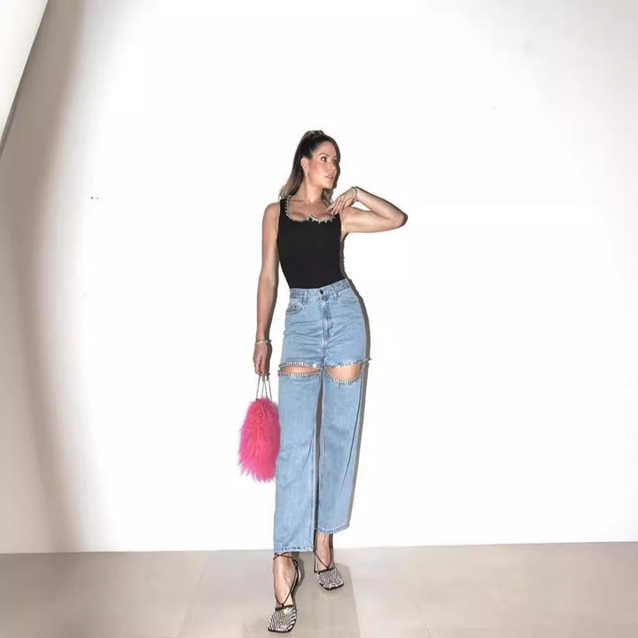 W&W Mode Damenjeans mit Löchern, gerader Schnitt