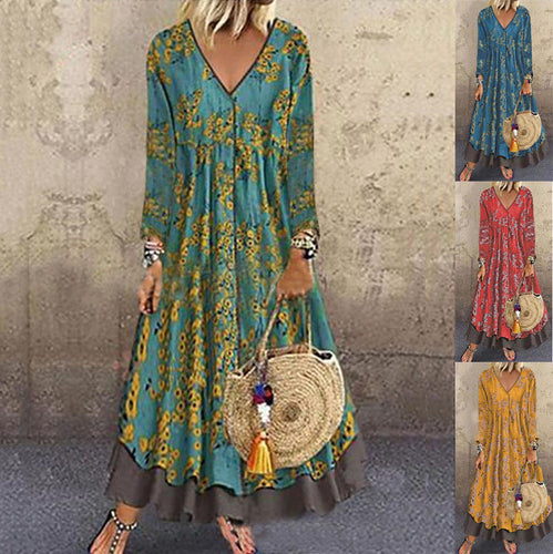 Damen blumiges Maxikleid mit weitem Schnitt und V-Ausschnitt W&W Mode