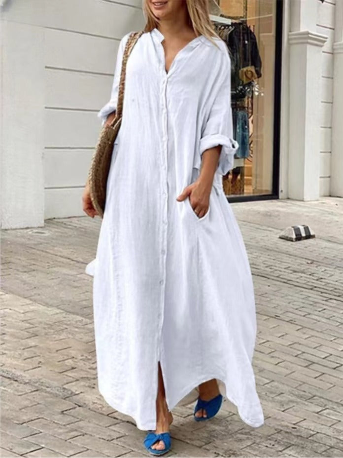 W&W Mode | Einreiher Baumwoll-Leinen Plus Size Langkleid