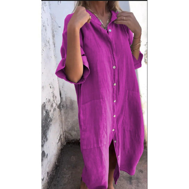 W&W Mode | Lässiges Baumwoll-Leinen Shirtkleid mit dreiviertelärmeln