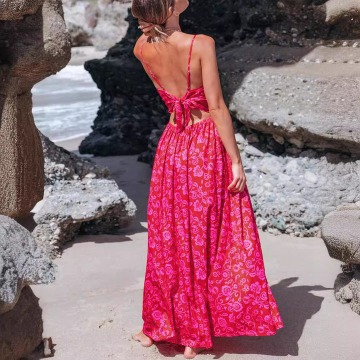 Damen Maxikleid mit raffiniertem Knotendetail und floralen Designelementen W&W Mode