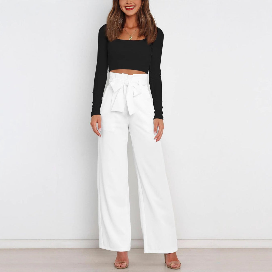 Damen elegante weite Stoffhose mit Taillengürtel W&W Mode