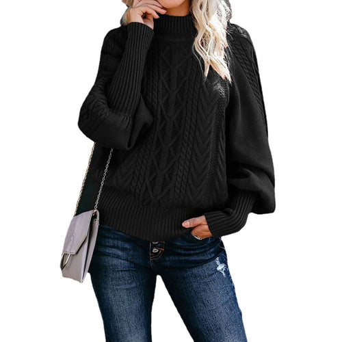 Damen Grober Strickpullover mit hohem Kragen und Ballonärmeln W&W Mode