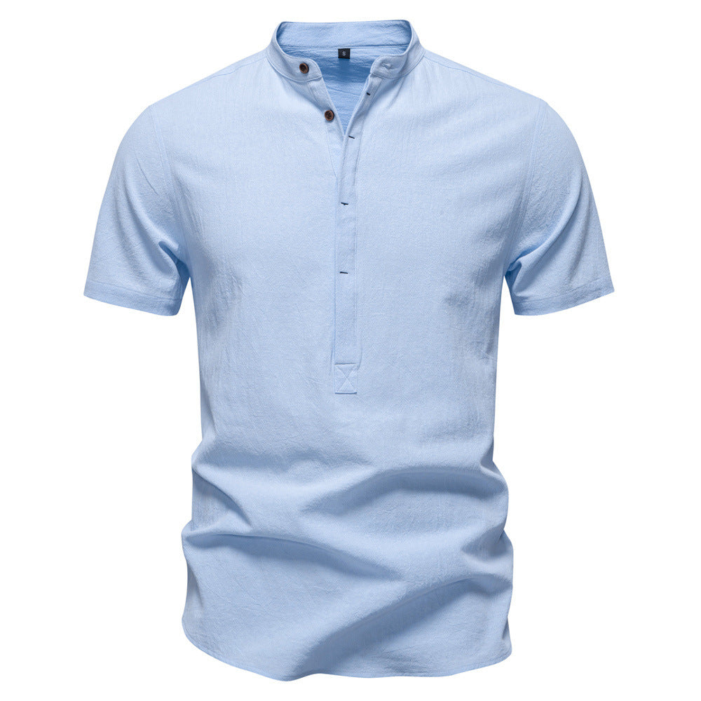 Herren nan lässiges Kurzarmshirt mit Stehkragen, halber Knopfleiste und leicht strukturierter Baumwoll-Leinen-Qualität W&W Mode