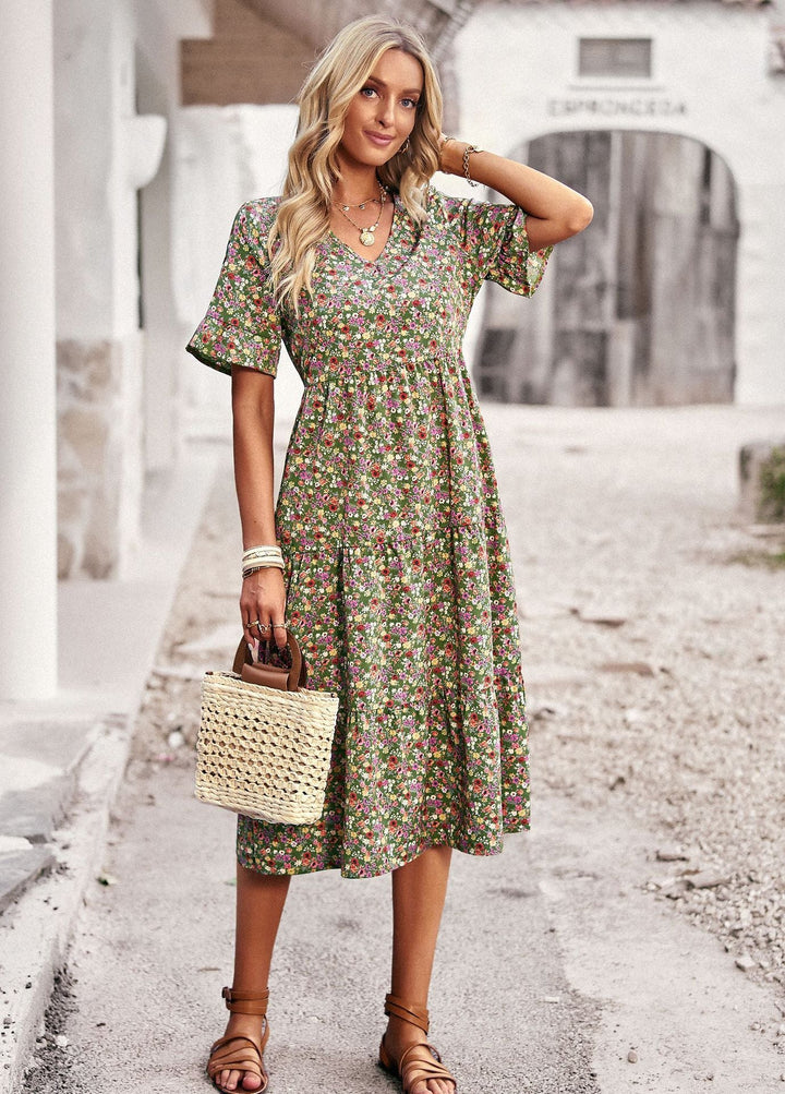 Damen Midi-Kleid mit floralem Muster und verspieltem V-Ausschnitt W&W Mode