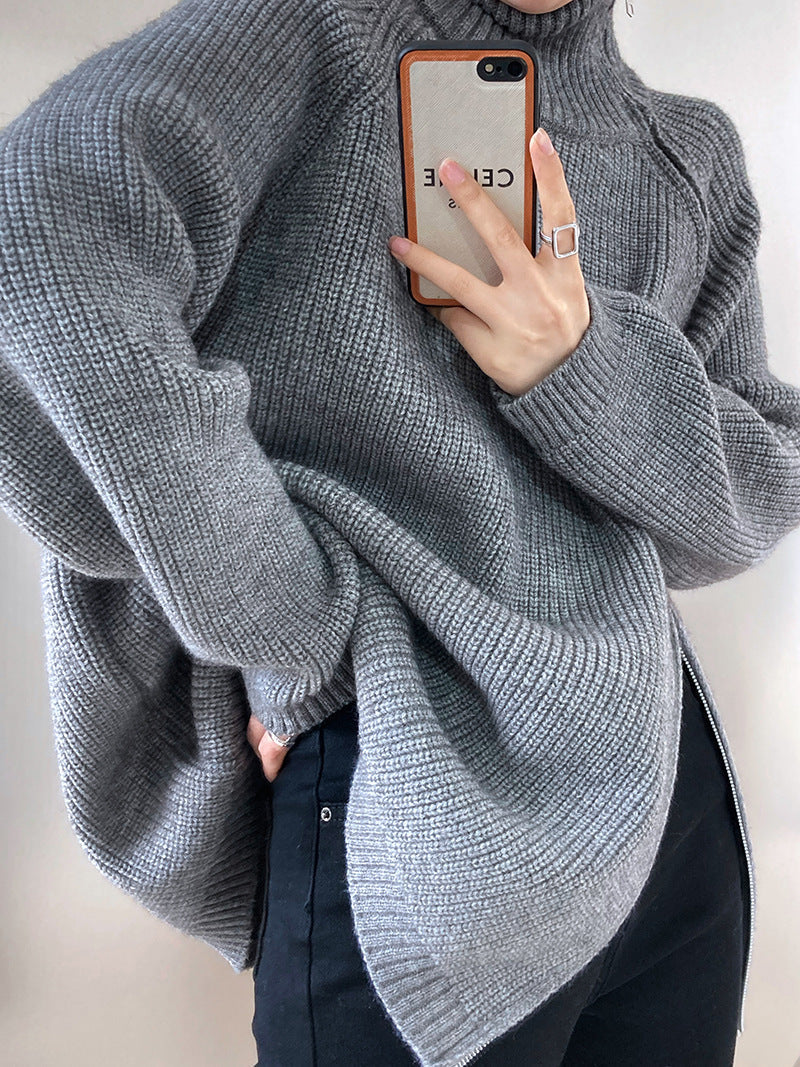 W&W Mode Rollkragenpullover mit Seitenschlitz einfarbig gestrickt