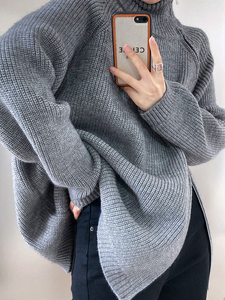 W&W Mode Rollkragenpullover mit Seitenschlitz einfarbig gestrickt