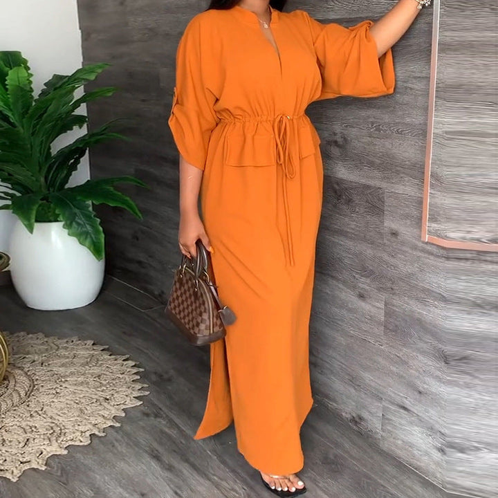 Damen Elegantes Maxikleid mit taillierbarem Gürtel und weit geschnittenen Ärmeln W&W Mode