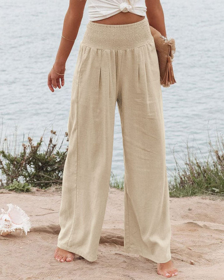 Damen Weite Leinenhose mit elastischem Bund und Falten W&W Mode