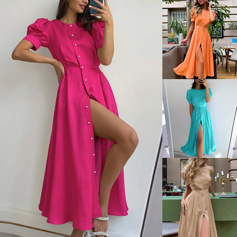 Damen Maxikleid mit eleganten Puffärmeln und hohem Schlitz W&W Mode